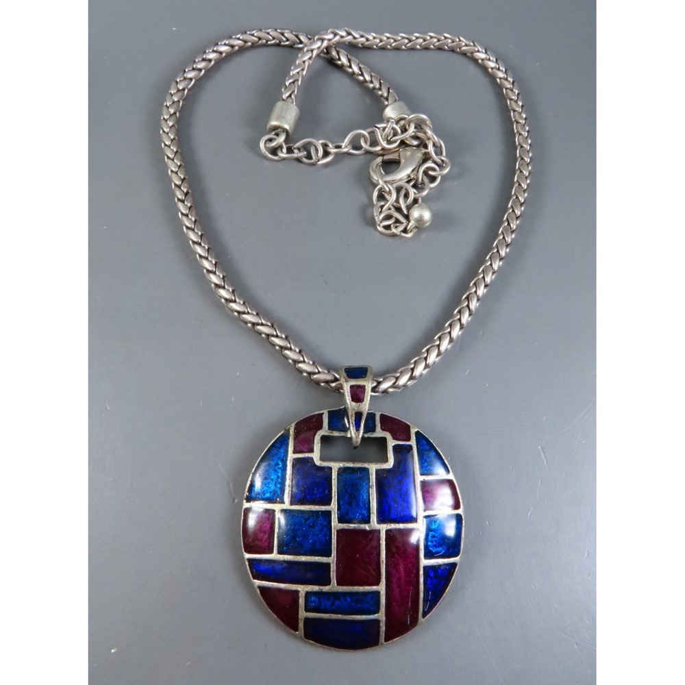CHICO'S Silver Tone Thick Chain Necklace PURPLE/BLUE ENAMEL Colorblock Pendant